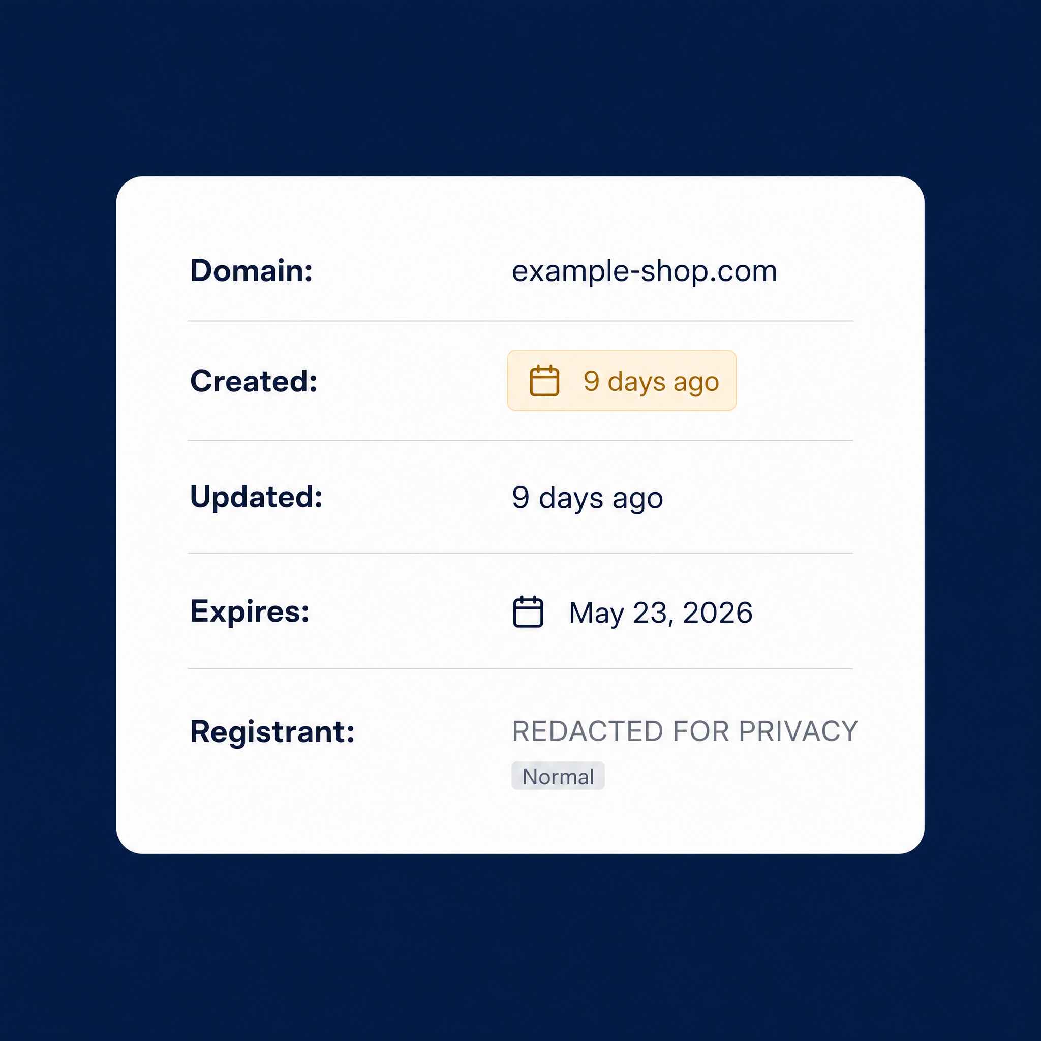 A simplified illustration of a domain lookup result with the creation date highlighted
