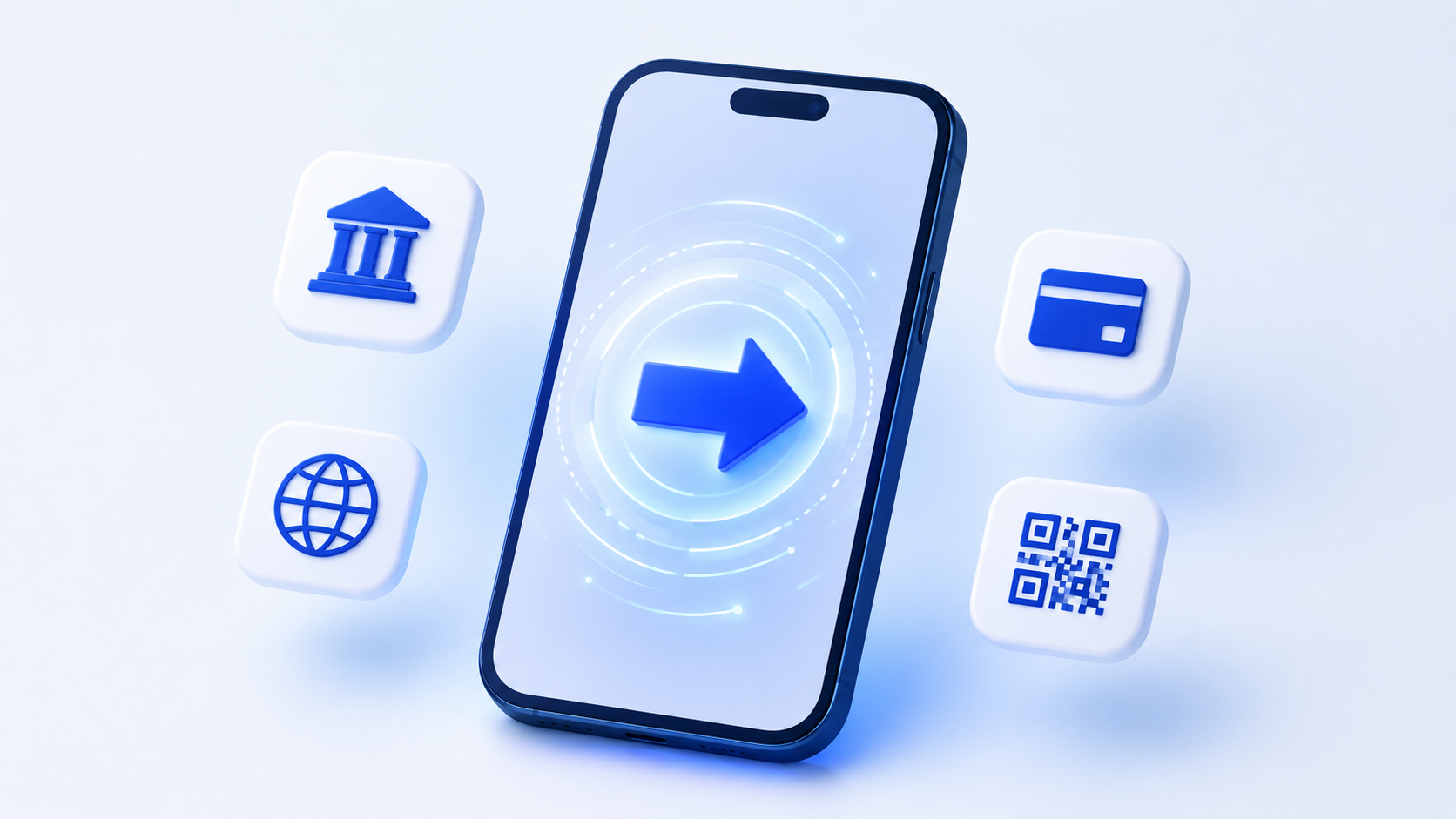 Stylised smartphone with a glowing money transfer interface, surrounded by abstract payment icons
