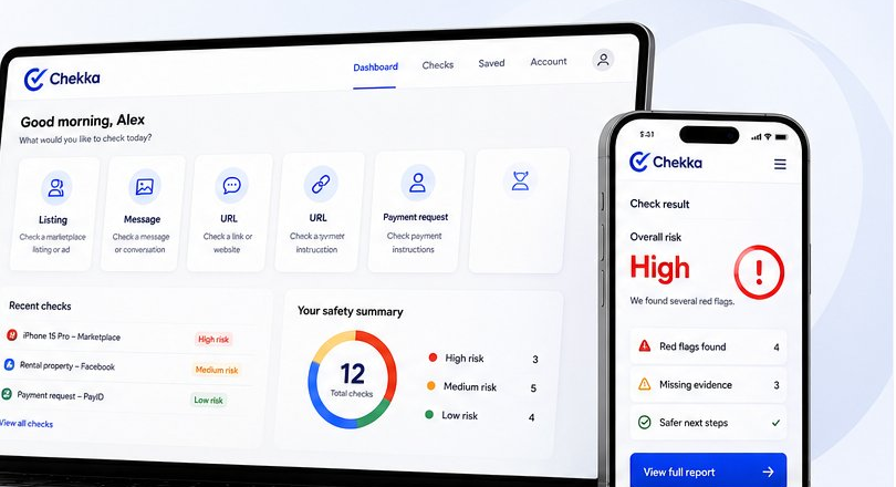 Chekka product preview: web dashboard and mobile check result